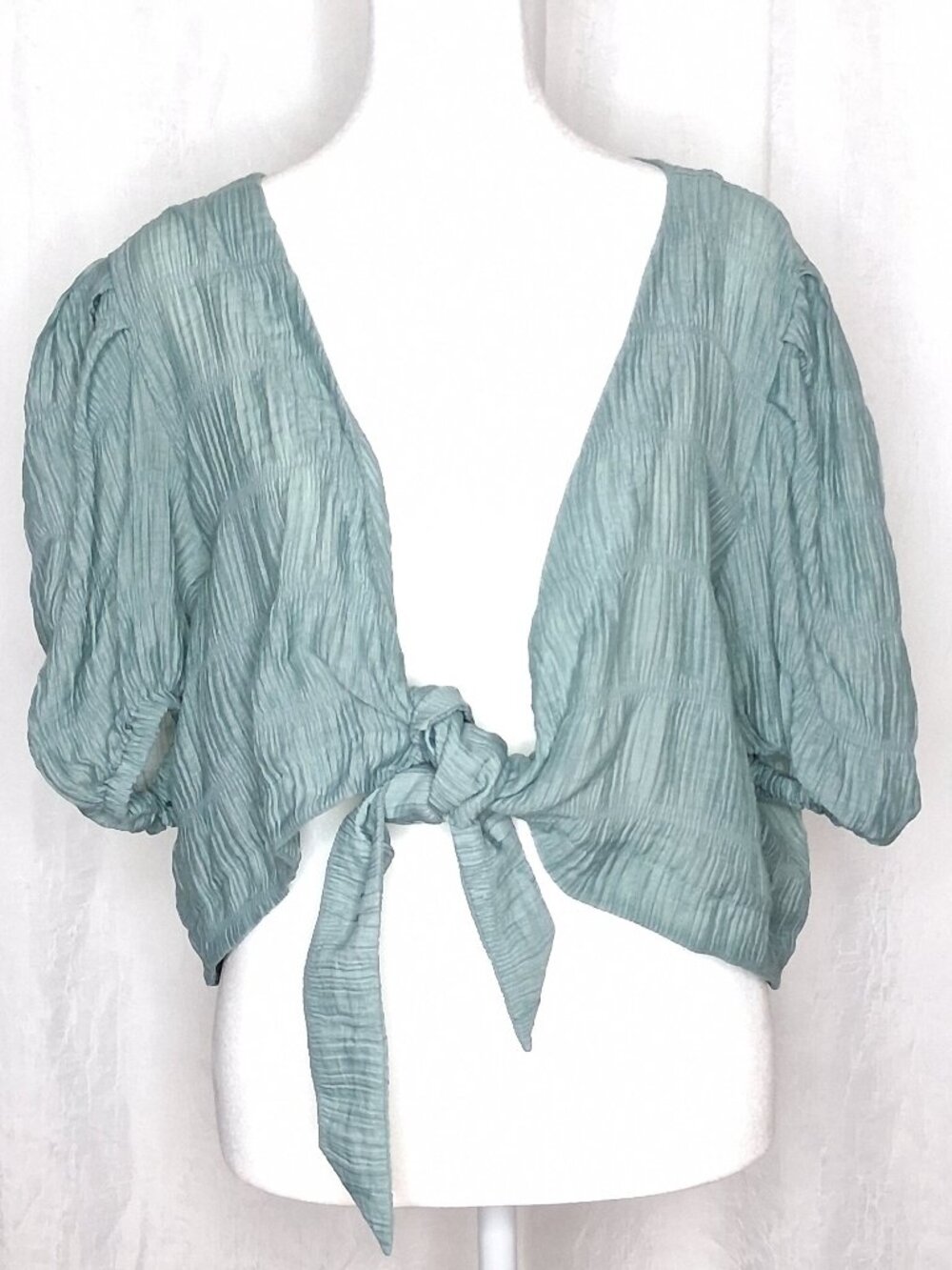 Eloquii Crinkle Gauze Tie Front Puff Sleeve Crop Style Blouse